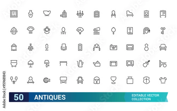 Obraz Set of thin line antiques icons. Pixel perfect, editable stroke, up scalable square line vector icon set. Editable stroke icons.