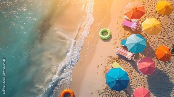 Obraz A high-resolution aerial view of a beach scene with colorful umbrellas, sunbeds, and a swimming ring on the sandy shore at sunset.