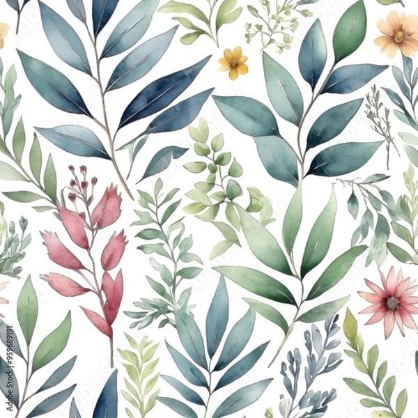 Fototapeta seamless Watercolor Pattern using botanical elements.