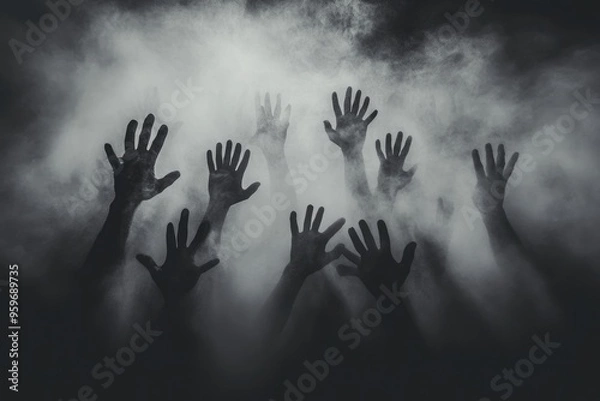 Fototapeta Spooky hands reaching out from thick fog, eerie Halloween-themed background with hand shadows on a misty wall, haunting and creepy scene, atmospheric design for horror and Halloween visuals