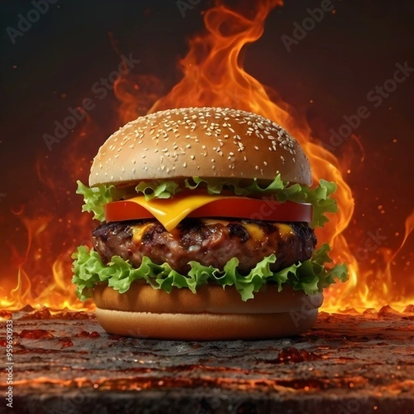 Fototapeta Cheesy chicken burger with melting slice, textured table, soft backlight, slight tilt