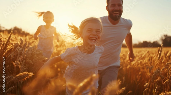 Fototapeta Cinematic photograph of happy family running in the wheat field at sunset, mother and father with little daughter laughing and having fun together on a summer day. Happy family concept.