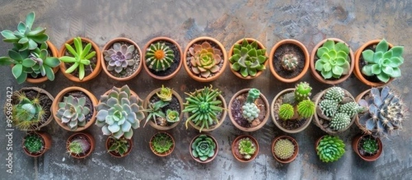 Fototapeta Round arrangement of cacti and succulents in pots on a wooden surface top view. with copy space image. Place for adding text or design