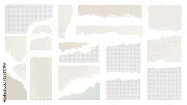 Fototapeta Realistic torn sheets of paper. Notebook pages in a box. Newspaper scraps for collage or papier-mâché. Template for a grunge banner. Vector illustration isolated on a transparent background.