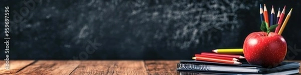 Fototapeta School teacher's desk with apple, stack of books, pencils and chalkboard on background. Education concept banner.