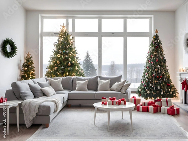Fototapeta large white living room with a vintage grey sofa and a large Christmas tree with gifts and panoramic window