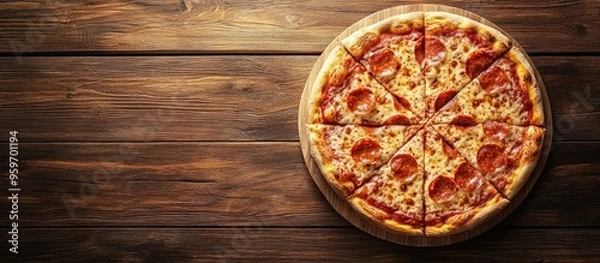 Fototapeta Pizza viewed from above on a wooden table with room for text. with copy space image. Place for adding text or design