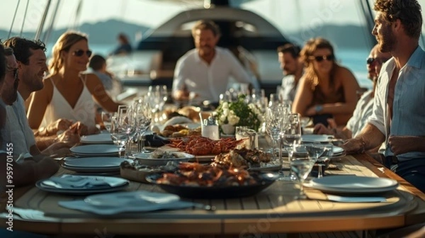 Fototapeta A lively outdoor dining scene on a luxury yacht featuring a diverse group of people enjoying seafood and drinks under a sunny sky. 