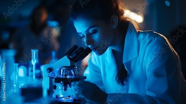 Fototapeta A focused female scientist examines a specimen under a microscope in a dimly lit laboratory setting, emphasizing the importance of research and innovation in science. 