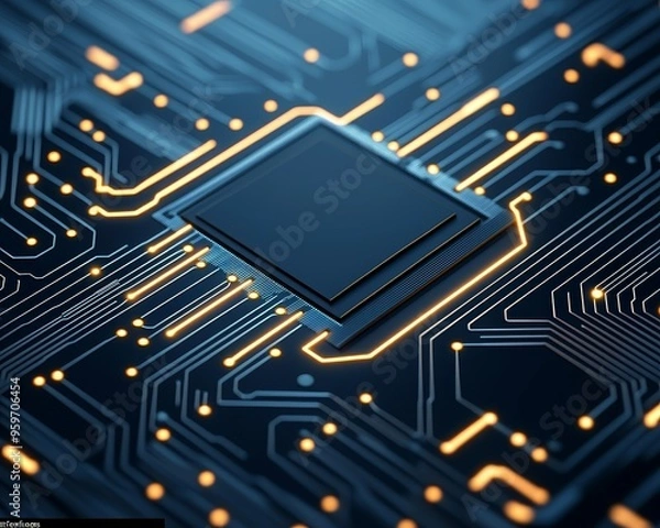 Fototapeta Close-up of a computer chip on a circuit board, with glowing lines representing data flow.