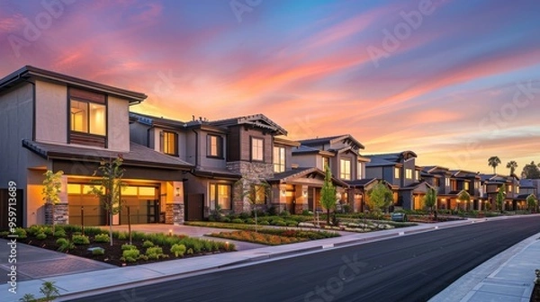 Fototapeta A row of luxurious townhouses with a harmonious mix of wood stone and glass accents nestled amidst manicured landscaping and bathed in the warm glow of the setting sun