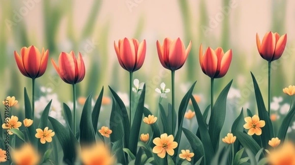 Obraz Red tulips in a vibrant spring garden