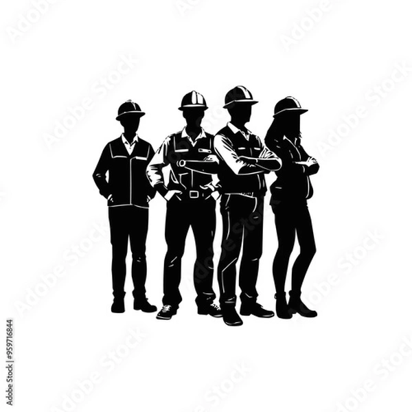 Fototapeta Engineers clipart vector collection, symbol, logos, icons isolated on transparent background. civil engineer team silhouette