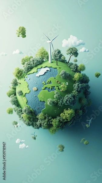Obraz Sustainable energy and green planet with wind turbines and nature