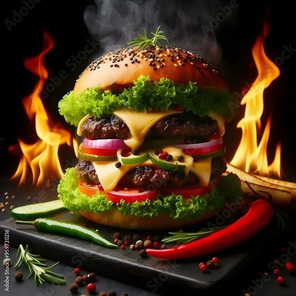Obraz a spicy battered fried chicken hamburger with fire and flying chilli, isolated on a dark background