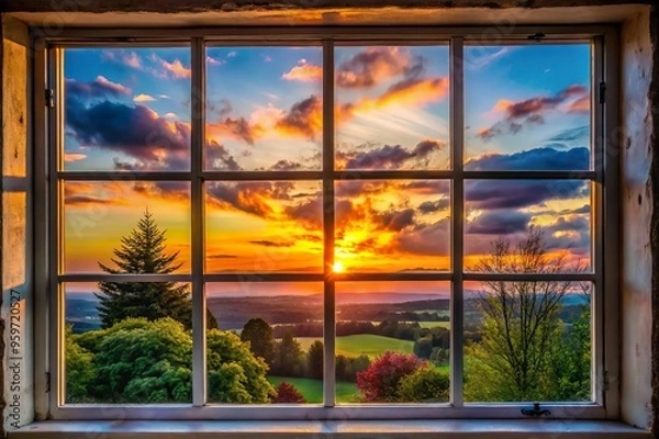 Fototapeta Sunset view through wooden window frame
