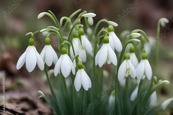 Obraz White snowdrop flowers with drooping bell shaped petals and slender green stems, AI Generated