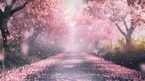 Fototapeta Pink cherry blossom trees lining a path with petals falling in the spring.