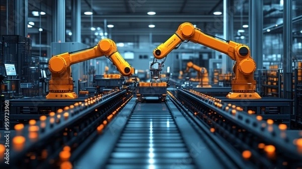 Fototapeta Automated Assembly Line: A close-up perspective of an advanced manufacturing facility, showcasing robotic arms meticulously assembling parts on a conveyor belt. The image evokes a sense of efficiency,