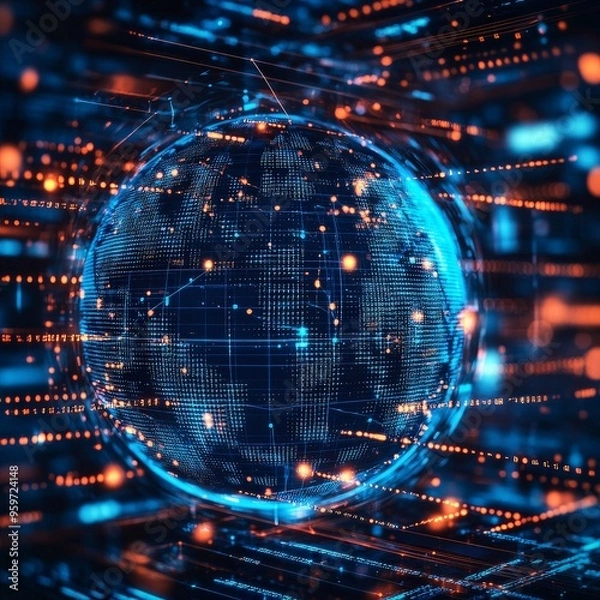Fototapeta Digital World Map with Glowing Grid and Global Connections