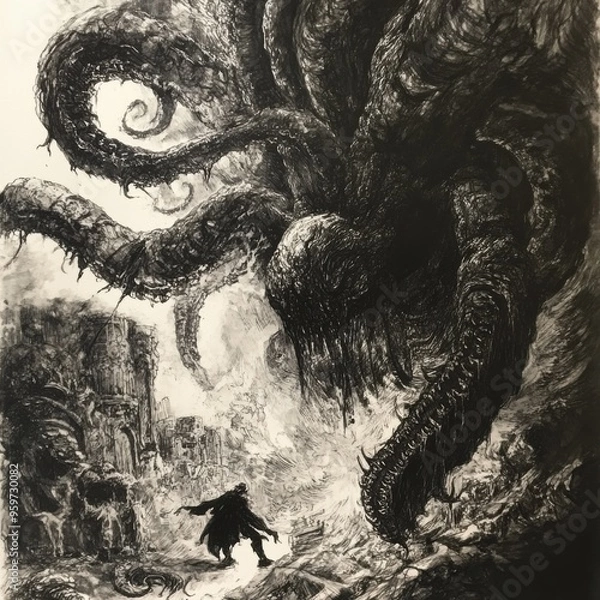 Fototapeta The Shadow of the Tentacle: A lone figure stands defiant against a colossal, monstrous tentacled entity, its silhouette a chilling reminder of the unknown horrors that lurk in the darkness. 