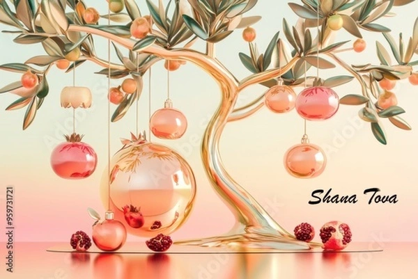 Fototapeta A whimsical Shana Tova greeting card featuring a surreal tree decorated with glowing pomegranates and a jar of honey.