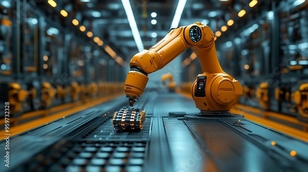Fototapeta Automated Precision: A lone robotic arm meticulously assembles a complex device on a futuristic production line, showcasing the power of automation in modern manufacturing. 