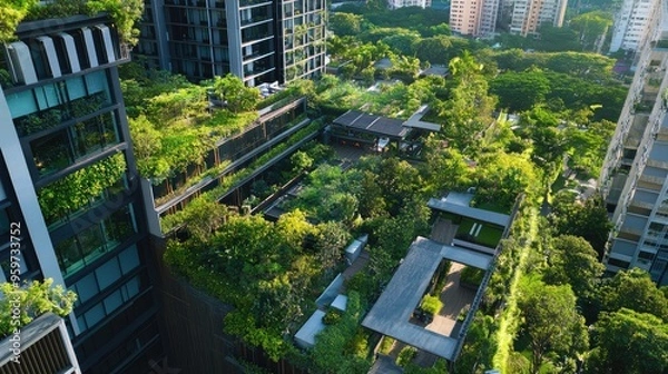 Fototapeta Top view of the rooftop gardens and greenery of Singapore's Pinnacle Duxton, with panoramic city views.
