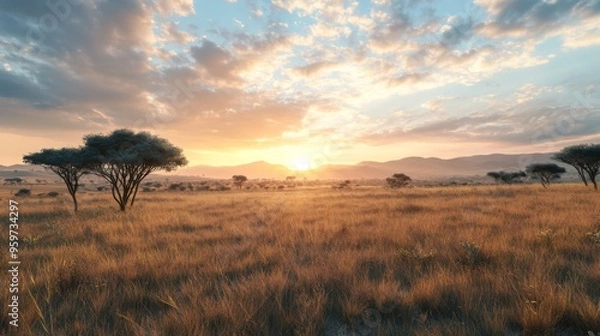 Fototapeta Golden sunset over a vast African savanna with acacia trees, casting long shadows on the dry grass.