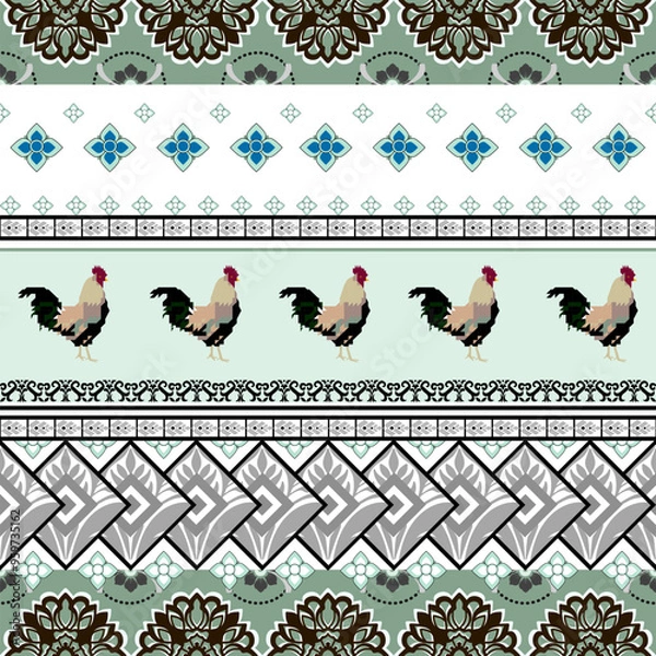 Fototapeta Ornamental Rooster Pattern with Floral and Geometric Folk Art Elements