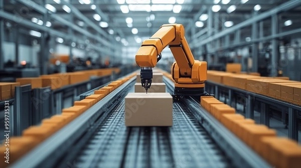 Obraz Automated Precision on the Assembly Line: A robotic arm efficiently places a package on a conveyor belt in a modern factory, showcasing the advancements of automation in manufacturing. 