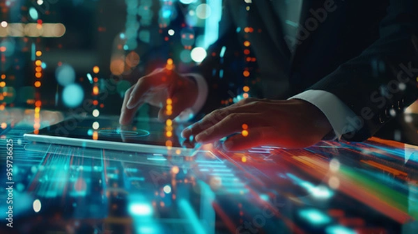 Fototapeta Businessman analyzing complex data sets in real-time using AI technology on a tablet, with a dynamic digital interface overlay showcasing key insights and trends. The vibrant color palette and mid-sho