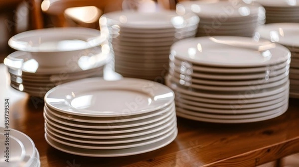Fototapeta Closeup clean plates stack on a table ready for use