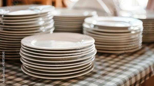 Fototapeta Closeup clean plates stack on a table ready for use