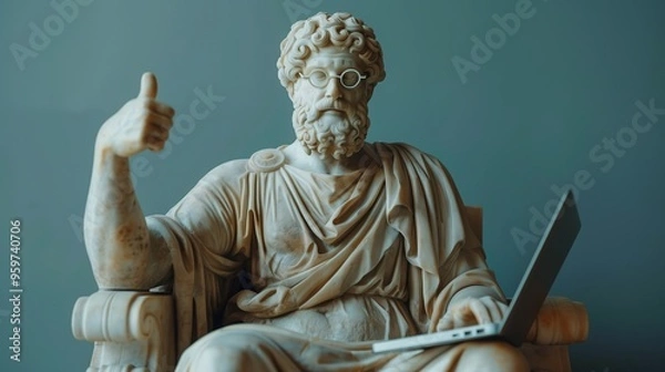 Fototapeta Statue of ancient greek philosopher wearing glasses and using laptop computer while giving thumbs up