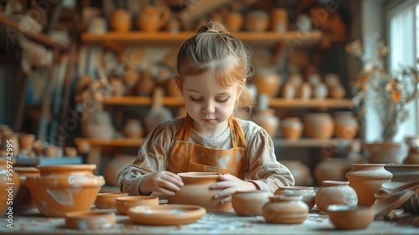 Fototapeta Focused young girl in an apron creating pottery in a workshop amidst a backdrop of clay pots