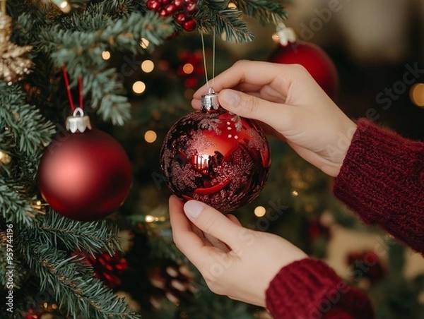 Obraz Close-up of hands decorating tree for christmas