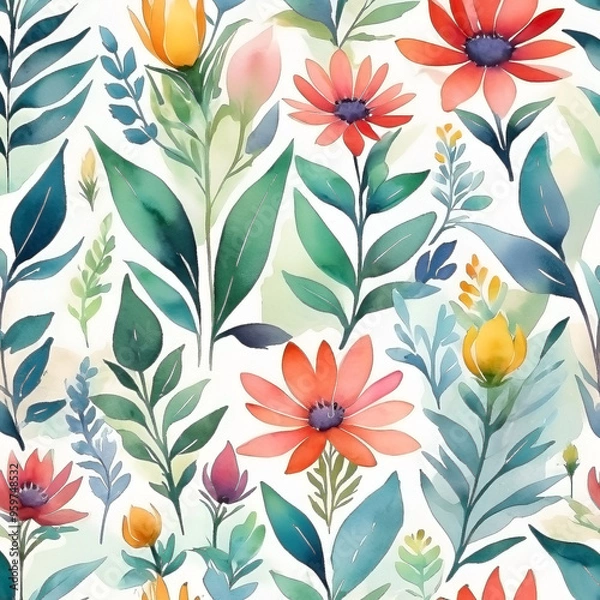 Fototapeta seamless Watercolor Pattern using botanical elements.
