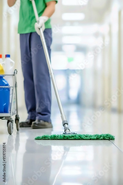 Obraz A janitor cleaning a shiny floor in a hallway, showcasing professionalism and cleanliness in a public building.