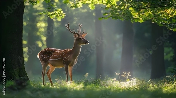 Fototapeta An elegant shot of a deer standing in a serene forest clearing, with dappled sunlight filtering through the trees.