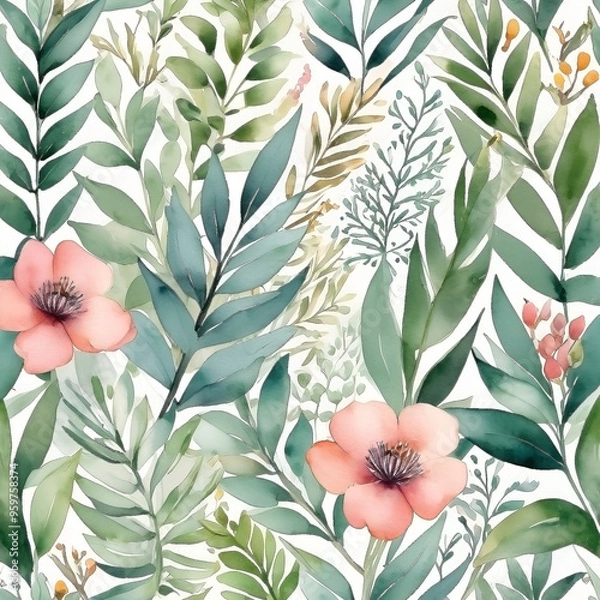 Fototapeta seamless Watercolor Pattern using botanical elements.