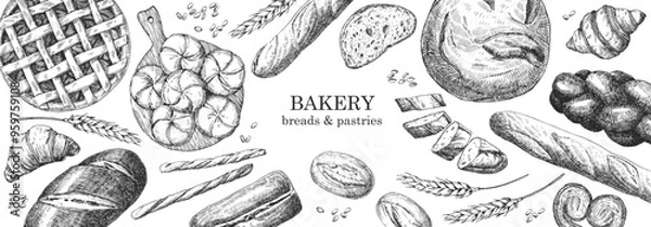 Fototapeta Bakery products. Bakery design template. Hand-drawn illustration of Bred. Ink. Vector	
