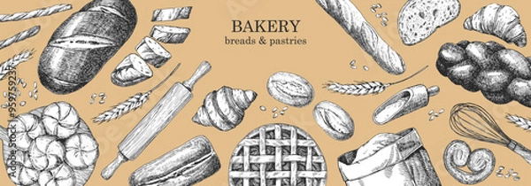 Fototapeta Bakery products. Bakery design template. Hand-drawn illustration of Bred. Ink. Vector	