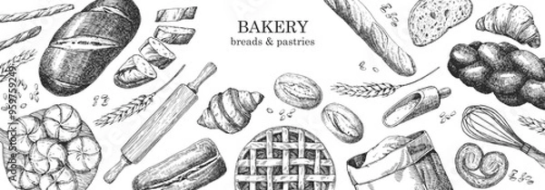 Fototapeta Bakery products. Bakery design template. Hand-drawn illustration of Bred. Ink. Vector	
