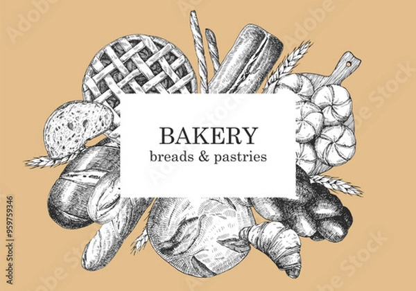 Fototapeta Bakery products. Bakery design template. Hand-drawn illustration of Bred. Ink. Vector	