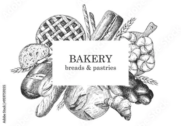 Fototapeta Bakery products. Bakery design template. Hand-drawn illustration of Bred. Ink. Vector	