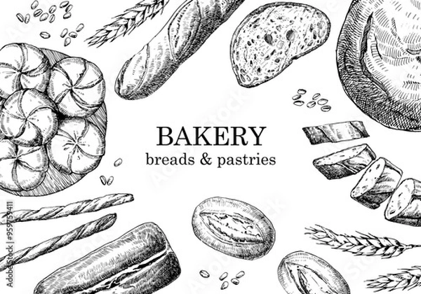 Fototapeta Bakery products. Bakery design template. Hand-drawn illustration of Bred. Ink. Vector	