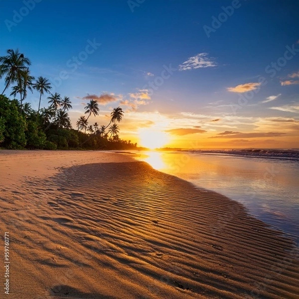 Fototapeta  Serene Beach Sunset
A tranquil tropical beach with golden sand, palm trees, and a vibrant sunset reflecting on calm waters.