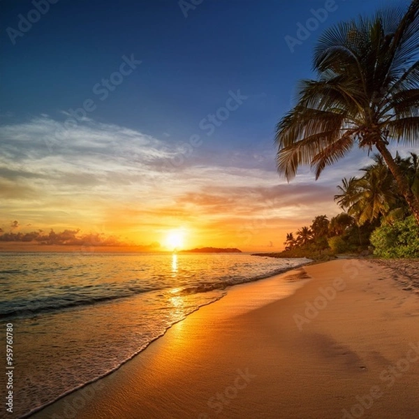 Fototapeta  Serene Beach Sunset
A tranquil tropical beach with golden sand, palm trees, and a vibrant sunset reflecting on calm waters.
