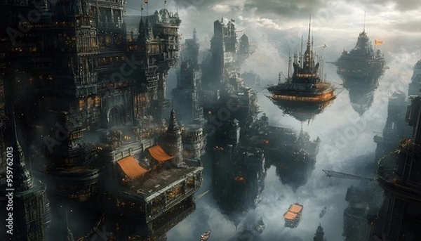 Fototapeta A City of Floating Towers and Ships in a Cloudy Sky